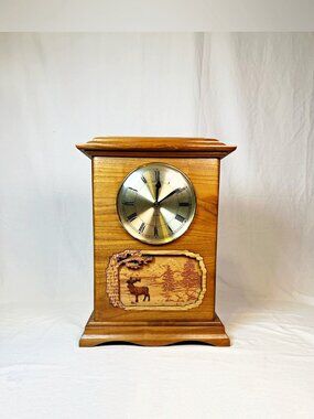 Ambassador Oak Wood Cremation Urn with Quartz Clock/Wild Life Elk Scene